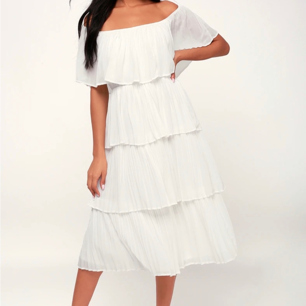 NWT Gala Ready White Off-the-Shoulder Ruffle Midi Dress